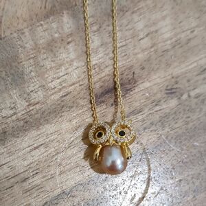 Gold Plated Owl Pendant Necklace with Genuine Pearl